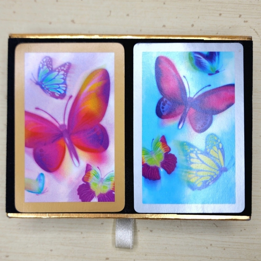 Vintage Congress Playing Cards 2 Deck Butterfly Set In Black Velvet Case